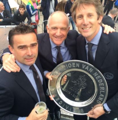 Marc Overmars Michael Kinsbergen and Edwin Van der Sar with the Eredivisie shield